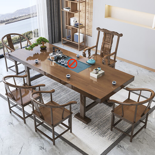 Mesa de té china Aitang de madera maciza, mesa de té de oficina, mesa de té plana de 1,6 metros + silla con sombrero oficial + 4 luna creciente