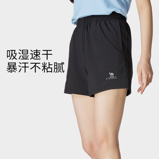 骆驼（CAMEL）速干透气双侧口袋女梭织运动短裤 724BAYL6002 黑色 XL