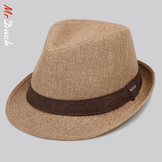 Mr DUCK British Gentleman Hat Curly Top Hat Middle-aged Jazz Hat High-end Hat Men's Summer Sunscreen Straw Hat Large Head Circumference Brown (Adjustable Hat Circumference)-MS13014 M (Suitable for 56-58cm head circumference)