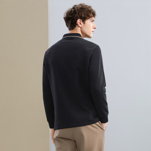 Qi Brand Antibacterial Long Sleeve Polo Shirt Men's Spring and Summer Thick Contrast Color Lapel Top Warm Velvet 1JT70110 Black L (175)