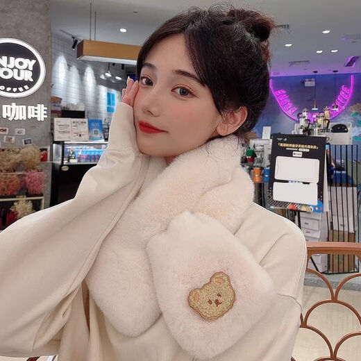 Scarf for women in autumn and winter Korean style, cute warm plush bear 2024 winter new white fashionable scarf trend, cute bear scarf - white 1