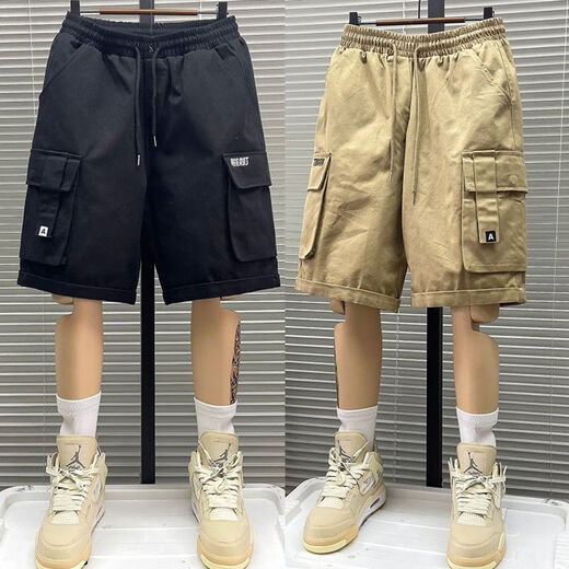 才俏工装短裤男士夏季薄款美式多口袋中裤宽松直筒运动外穿休闲五分裤 Y728黑色军绿【两条】 L 建议105115斤