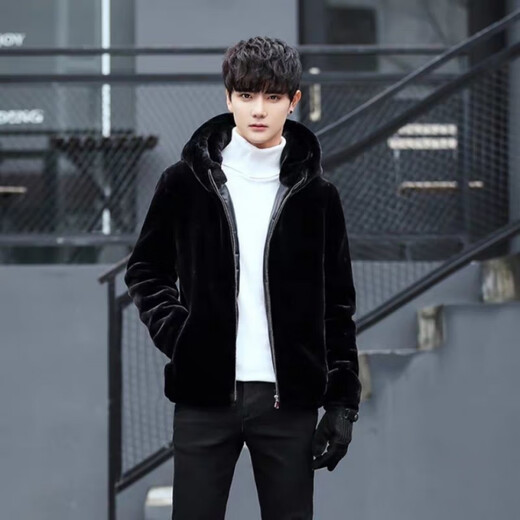 Manxinan new mink coat men's imitation mink hair Haining winter leather coat mink fur short hooded coat black lapel plus cotton 5XL recommended 180 to 200Jin Jin equals 0.5 kg