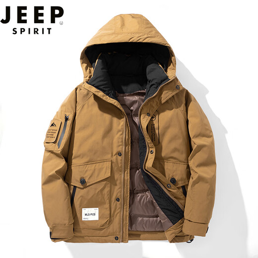 JEEP SPIRIT羽绒冲锋衣男冬季加绒加厚户外棉服时尚休闲服时尚大口袋夹克外套 9871黑色 L（110-130斤）