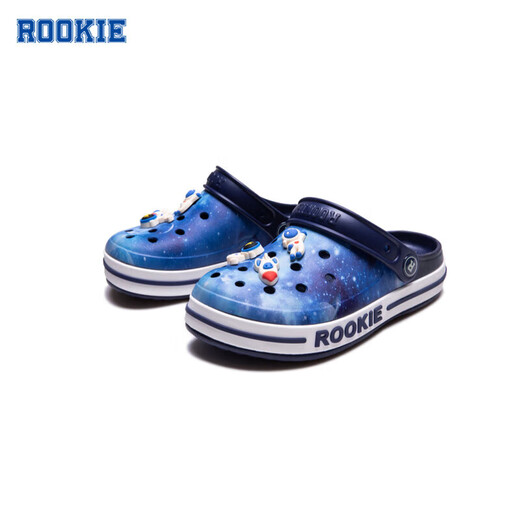 ROOKIE children's shoes, boys' and girls' clogs, summer new children's beach toe-cap sandals, with 6 cartoon buckles, feather white/midnight blue 31 32, suitable for feet 19.5-200cm long