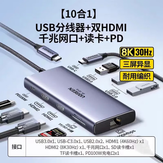 绿联（UGREEN）CM639 Type-C拓展坞 9合1 4屏异显 双HDMI 8K 15534 15602 15770 CM639-15534 TypeC拓展坞 10合1