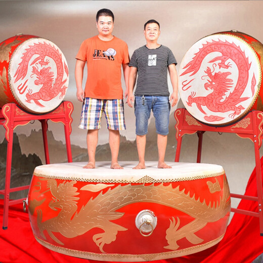 Feiming de tambor de vaca vertical bater dragon tambor chino tambor rojo performance tambor de baile potencia tambor gong instrumento de tambor de 2 metros dragón auspicioso + soporte de tambor vertical + tambor de seda roja barra de batería