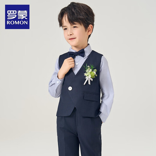罗蒙礼服男童西装套装英伦风男宝周岁生日宴会西服花童毕业儿童演 马甲套系：马甲+长裤 90