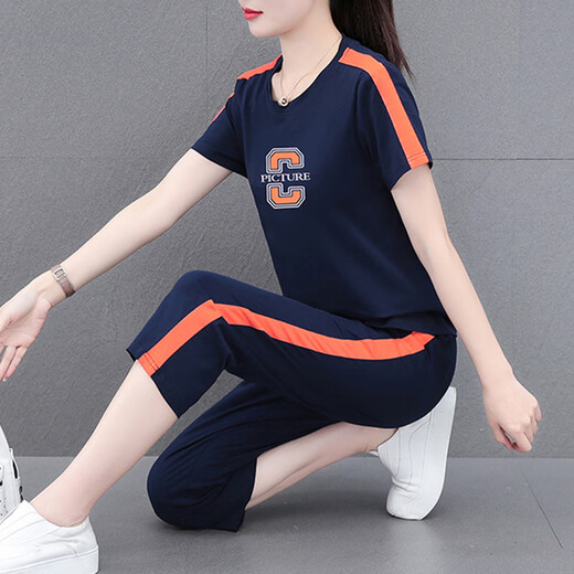 NY-EMMA运动套装女短袖夏季薄款高档洋气减龄棉质休闲时尚跑步服两件套 687蓝色（七分裤套装） M(建议80-95斤)