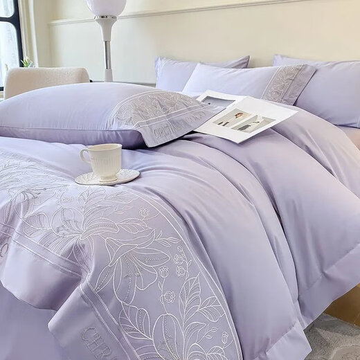 Crystal Home Textiles European Maternal and Infant Long Staple Cotton Four-piece Set Pure Cotton Light Luxury Embroidered Quilt Cover Sheet Sheet Fitted Sheet Full Cotton Upgraded Baby Grade Heavy Embroidery * Starry Blue * Suitable for 1.8m bed Four-piece Set * Quilt Cover 2x2.3m