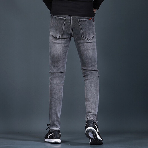 
Fan Litai black jeans men's slim feet pants autumn and winter plus velvet thickened Korean style trendy and casual jeans long trousers QQ 1048 black regular 30
