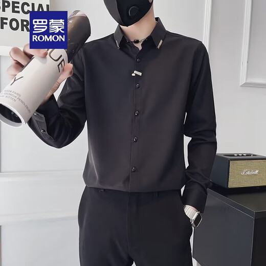 罗蒙（ROMON）高级感长袖衬衫男士潮牌春夏季衬衣套装2025痞帅男装潮流百搭修身 T61黑色短*袖衬衫+黑色西裤 高质 XL