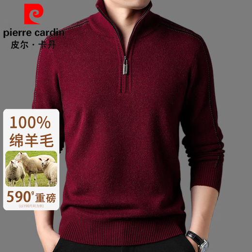 Pierre Cardin Men's Autumn and Winter Wool Sweater Half-High Zip Collar Thick Pure Wool Sweater Men's 100% Wool Thickened Bottoming Shirt