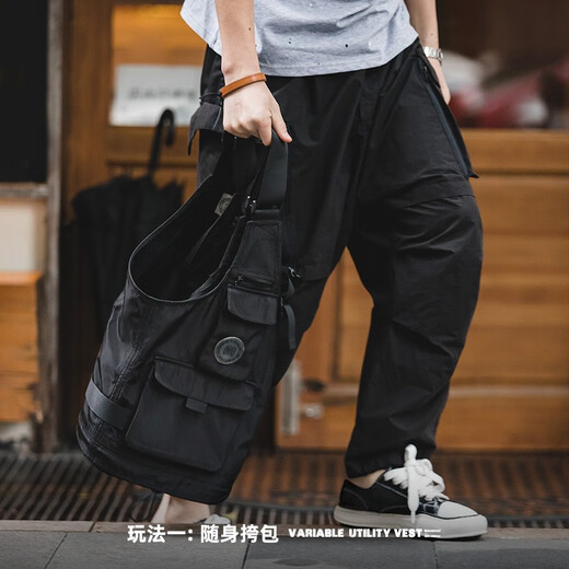 马登工装多口袋机能战术马甲户外无袖坎肩摄影钓鱼两用挎包外套男 黑色 均码