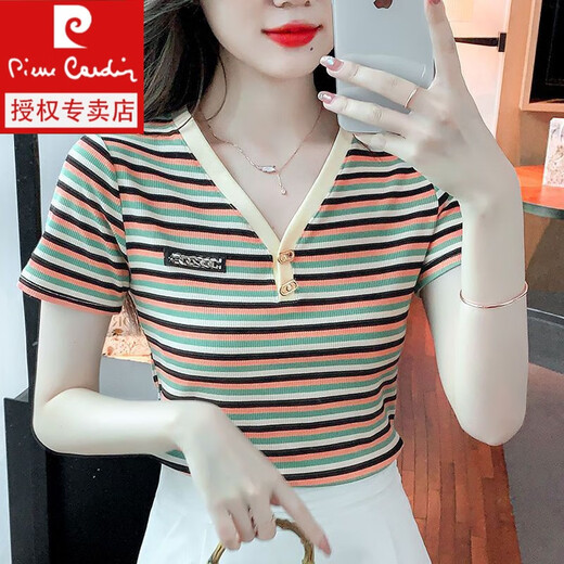 Pierre Cardin Color Striped V-Ausschnitt T-Shirt für Frauen kurzärmelig 2024 Sommer neues schlankes Hemd modische und vielseitige altersreduzierende obere orangefarbene Farbstreifen [6628%23] M 90-100jin [Jin gleich 0,5 kg]