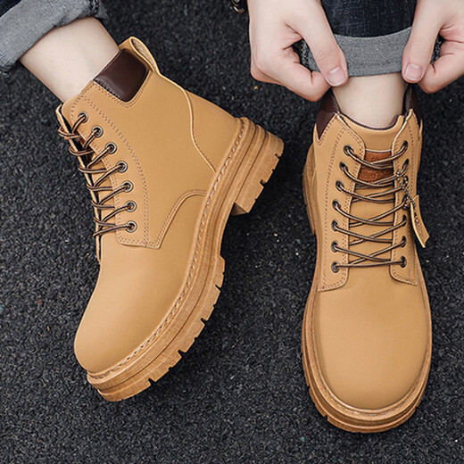 Yunshun rhubarb boots men's shoes high-top Martin boots men's Korean version versatile handsome trendy thick-soled work shoes short boots trendy shoes yellow 43