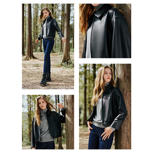 Navigare Italian dinghy short women's genuine leather jacket autumn fashion versatile top lapel sheepskin jacket dark night black L