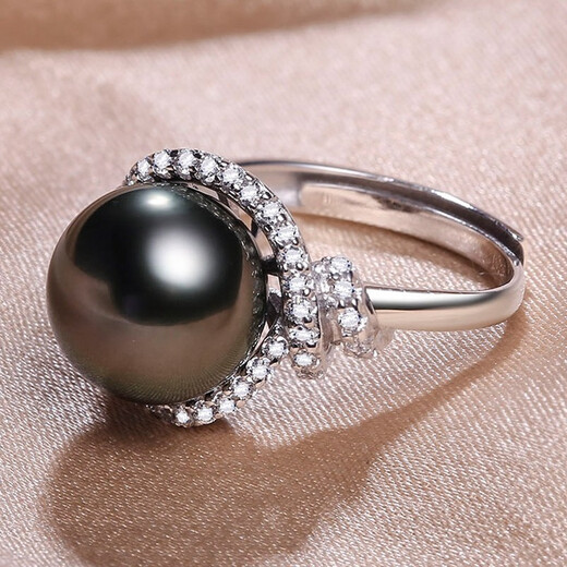 Queen of Pearls Yuyan S925 silver ring 10-11mm Tahitian black pearl ring live birthday gift