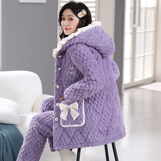 GTYUWVG湖南省省服女冬天珊瑚绒加厚加绒三层夹棉袄法兰绒秋冬季大码家居 hl6636蓝色-中长.款 M  推荐80-100斤