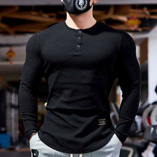 Lutielang sports tights men's long-sleeved T-shirt bottoming shirt elastic quick-drying training top fitness coach autumn black M