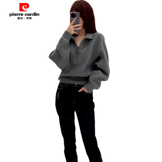 Pierre Cardin gray sweatshirt for women spring and autumn 2024 loose niche short half-zip top fashionable age-reducing jacket gray XL 125-140Jin Jin is equal to 0.5 kg