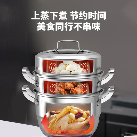 Konbach three-layer steamer 304 stainless steel soup pot German-style compound bottom multi-purpose pot 28cm induction cooker gas stove universal
