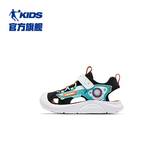 Jordan QIAODAN Children's Shoes Boys Sandals Baotou Beach Shoes 2025 Summer Soft Soled Children's Shoes Children's Sandals Black/Spring River Green Size 28