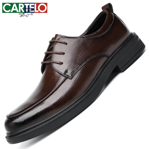 CARTELO plaid men's leather shoes wear-resistant soft cowhide casual leather shoes men's business round toe thick-soled men's shoes 9672 brown 41