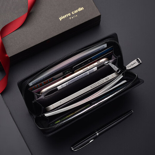 Pier Cardin Herren Handtasche Geschäft Langes Kuhpferds Brieftasche Reißverschluss Ticket Clip Wallet Clutch Geschenkbox für Freund Dad Geschenk Geschenk, um Reichtum und Segen anzuziehen