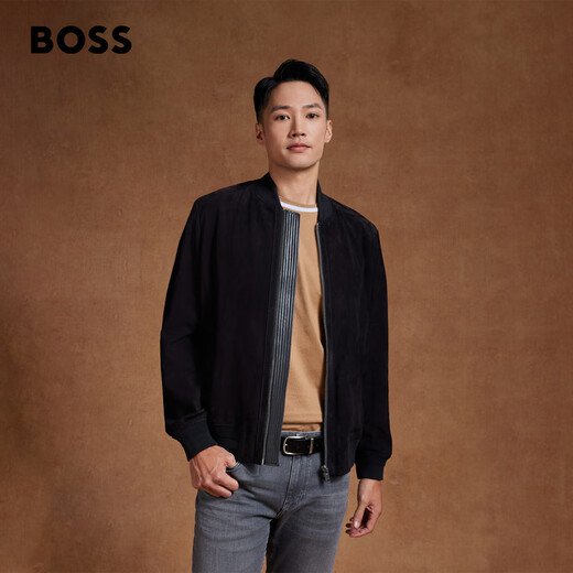 BOSS suede sheepskin HUGO BOSS men's autumn 2024 new retro style bomber leather jacket leather jacket 001-black 46