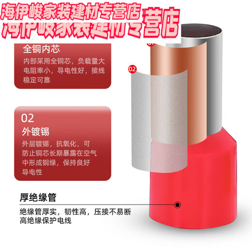 汇君（HUIJUN）欧式管型接线端子针形铜鼻子预绝缘压线冷压端子VE0508/1008/1508 E1510(1.5平方/铜管10mm)1000