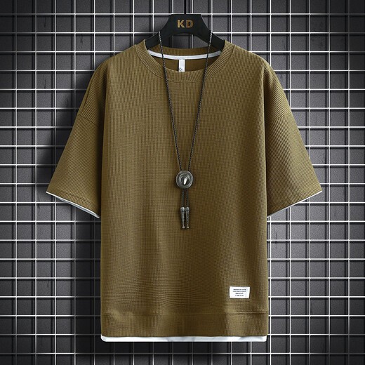 Yao qu Waffel kurzärmeligte T-Shirt Herren Sommer Eissensen trendy losen, gefälschten zweiteiligen fünf Punkte halbärmelten T-Shirt Top 3880 Gray 175/XL