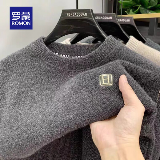 Luo Meng all-in-one velvet high-end round neck sweater men's autumn and winter velvet thickened warm base sweater clothes light gray L