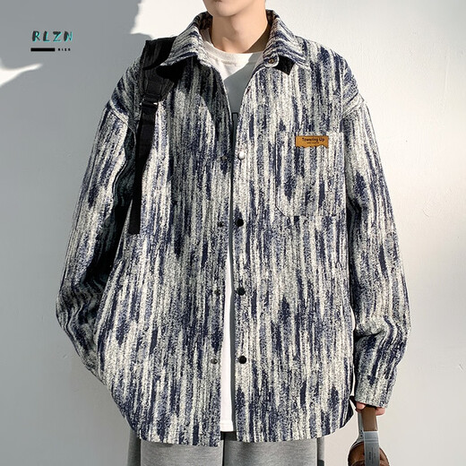 RLZN胖子大码扎染小香风夹克男春秋加肥大码潮牌宽松痞帅翻领学生外套 A001-J683蓝色 4XL200-230斤