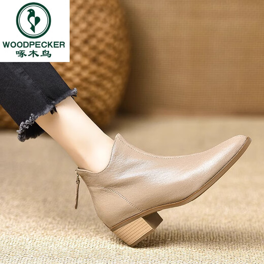Woodpecker 4.5cm Genuine Leather Pointed Toe Thick Heel Short Boots for Women Comfortable Soft Sheepskin 2025 Autumn Ankle Boots Short Ankle Boots Khaki 37