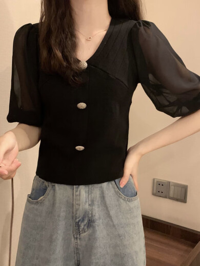熊司令2025夏新款冰丝雪纺拼接V领短袖针织衫淑女薄款打底衫短款上衣MCL 3523黑色 均码 (70-125斤可穿)