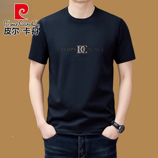 皮尔卡丹（pierre cardin）圆领短袖t恤男纯棉休闲重磅夏季中年半袖体恤感上衣服针织 军绿YS9926有胸标 165/M(100斤-120斤)