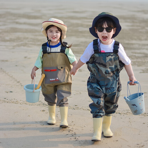 Catch the sea equipment children's water play clothes wading waterproof pants kindergarten beach fishing suspenders one-piece rain boots waders nylon water play clothes 10XL 10XL160 code inner length 16 cm