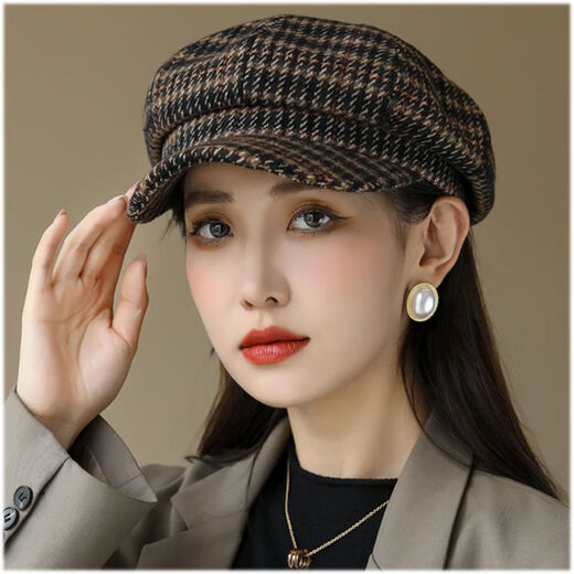 Pisces Rabbit Beret Autumn and Winter Fashion Women's Versatile Korean Style Western Houndstooth Retro British Octagonal Hat Women's Hat Houndstooth Octagonal Hat - Black One Size Head Circumference (55-58cm Adjustable)