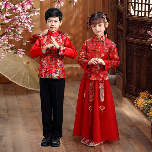 银昕儿童中山装男童中式婚礼花童礼服绸缎面秀禾服红色拜年服女童唐装 龙凤呈祥女童 上衣+裙子 150 cm 儿童身高约145/155cm