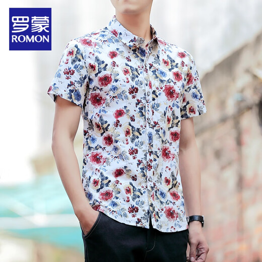 Romon Summer Imprimé Shirt Men's Clorded Floral Youth Floral Trendy Slim Coréen Version Coton Green Coton Floral Casual Floral Style 1048-833 White XL 125-135Jin [Jin est égal à 0,5 kg]