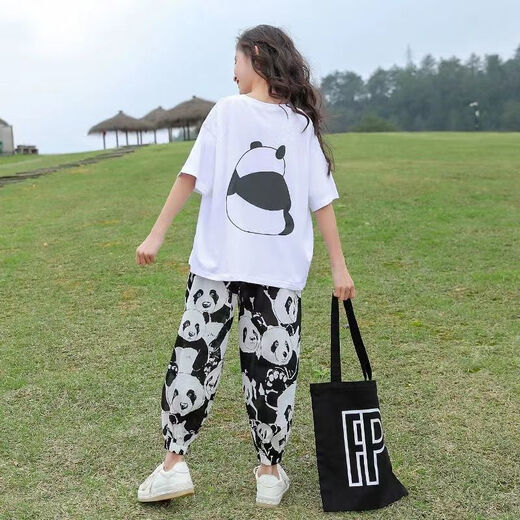 芭菲悦女童套装夏款装儿童装运动衣服中大童女孩短袖长裤夏季两件套衣服 681女熊猫套装-白 170建议身高160-170CM左右