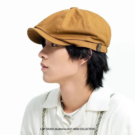 Difxi newspaper bee hat man big head wing forward hat man brown retro painter hat tide autumn and winter British brown round buckle short edge octagonal hat-56-60cm