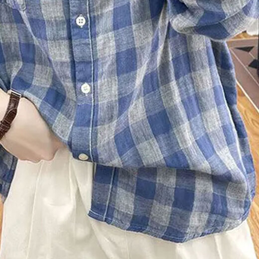 子牧棉麻2024秋装 女文艺长袖衬衫格子宽松复古上衣翻领减龄衬衣1342 蓝色 L(建议115-125斤)