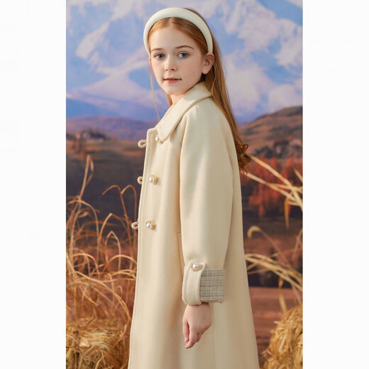 Disney Girls' Woolen Coat Autumn and Winter New Style Western Style Large Children's Woolen Coat Thickened Cotton Mid-Length Winter Clothes Beige Single Layer Lining 120