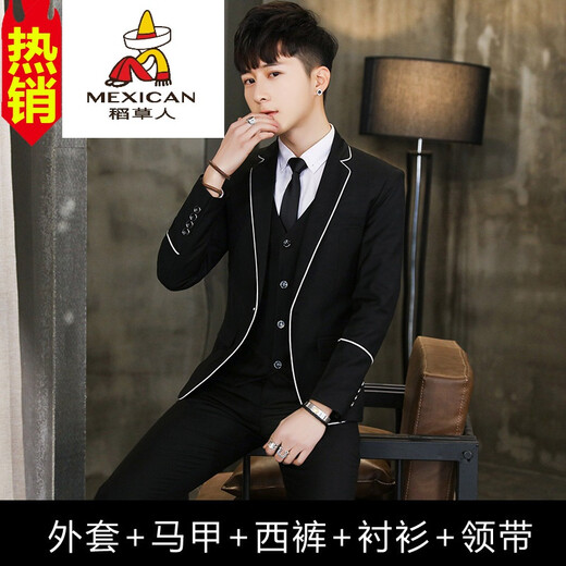 Scarecrow suit men's suit for teenagers and students coming of age small suit performance clothing host dress 18 years old college style jacket + vest + trousers + shirt + tie T1812 black 175