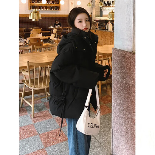 FeiLiFan down jacket for women 2025 winter new loose hooded bread jacket for women small short thickened cotton jacket black M (100-115Jin Jin equals 0.5kg)