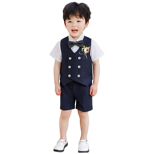 GOKU男童礼服马甲套装小花童男孩主持人儿童西装钢琴演出宝宝周岁西服 深蓝色 120 建议体重37-43斤