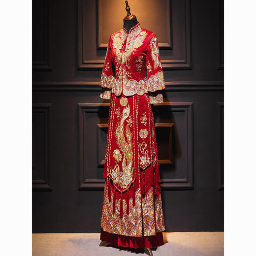 Gangdan Chinese wedding dress, Xiuhe suit bride, 2024 new wedding Chinese dress, small dragon and phoenix gown, large size wedding dress, Daiman, add diamonds, contact customer service for an additional 90 yuan XL 3