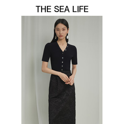 THE SEA LIFE Ou Hai Yisheng Knitted Sweater 24 Spring and Summer Slim Short Sleeve Cool Temperament Knitted Sweater X15868 Glimmer Green S